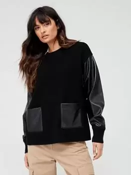 Image of BOSS Fanalian Faux Leather Sleeve Jumper - Black, Size XL, Women