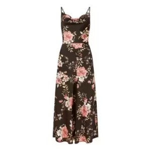 Image of Yumi Black Satin Floral Cowl Neck Slip Dress - Black
