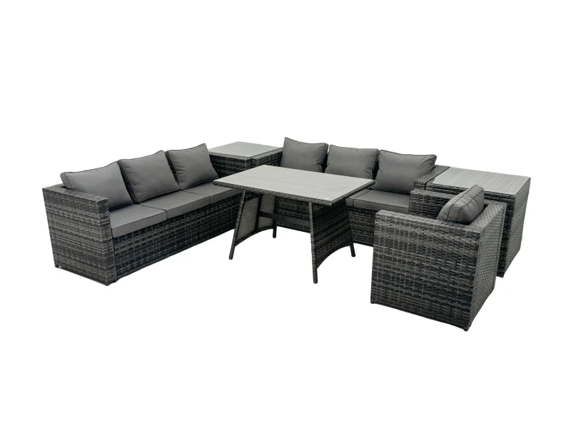 Image of Fimous Rattan Dining Table Sofa Set with 2 Side Tables Outdoor 7 Seat in Dark Grey Dark Grey Unisex