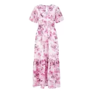 Image of Yumi Pink Floral Print Wrap Midi Frill Dress - Pink