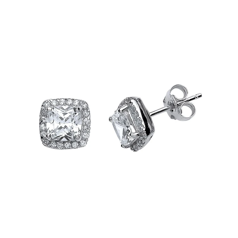 Image of Jewelco London Silver Cushion CZ Halo Cluster Stud Earrings - GVE219WHT Silver female