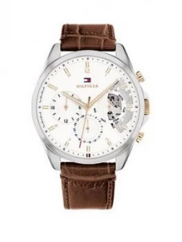 Image of Tommy Hilfiger Watch In Stainless Steel With A White Dial And Brown Leather Strap
