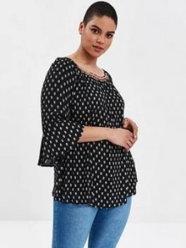 Image of Evans Motif Print Embellished Gypsy Top - Black