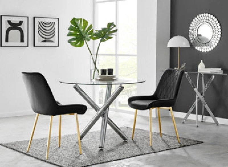 Image of FurnitureboxUK FurnitureboxUK Selina Round Glass Chrome Leg Dining Table and Pesaro Gold Leg Chairs in Black Size: 2 Person Black 2 Person Unisex 50