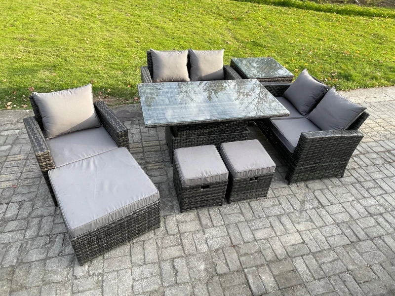 Image of Fimous Outdoor Rattan Patio Furniture Set Garden Lounge Sofa Set with Rising Lifting Table Side Table 3 Footstools Dark Grey Mixed Dark Grey Unisex