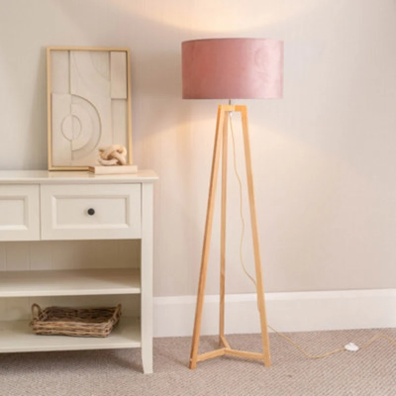 Image of ValueLights Lottie Natural Wood Tripod Floor Lamp with Velvet Drum Shade and LED Bulb Pink