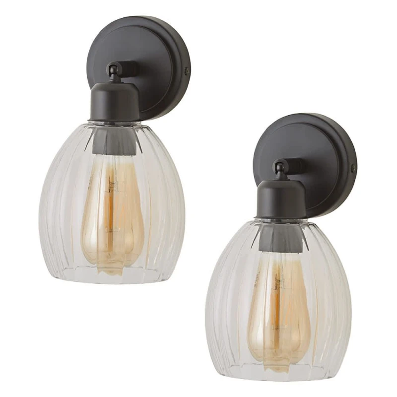 Image of ValueLights ValueLights Cheltenham Pair of Ribbed Glass Dome Adjustable Spotlight Wall Lights in Black One Size Unisex 5059406068331