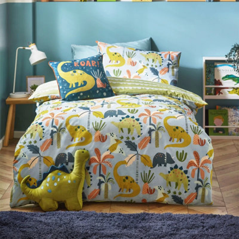 Image of Little Dinos Scandi Duvet Cover Set Blue/Green, Blue/Green / Toddler