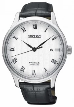 Image of Seiko Presage Mens Automatic White Dial Black Leather Strap Watch