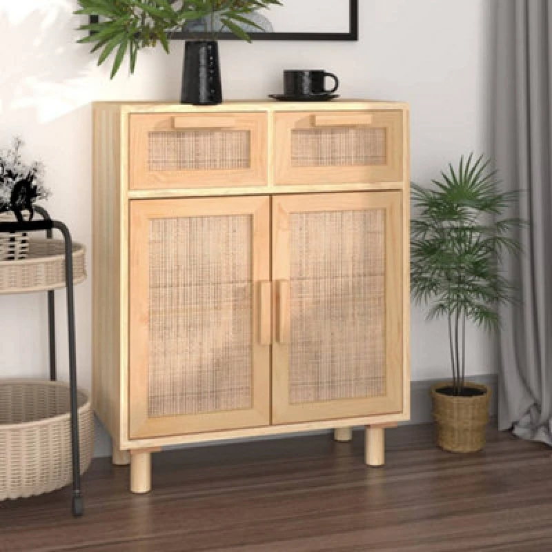 Image of vidaXL Sideboard Brown 60x30x75cm Solid Wood Pine and Natural Rattan, Brown 345638