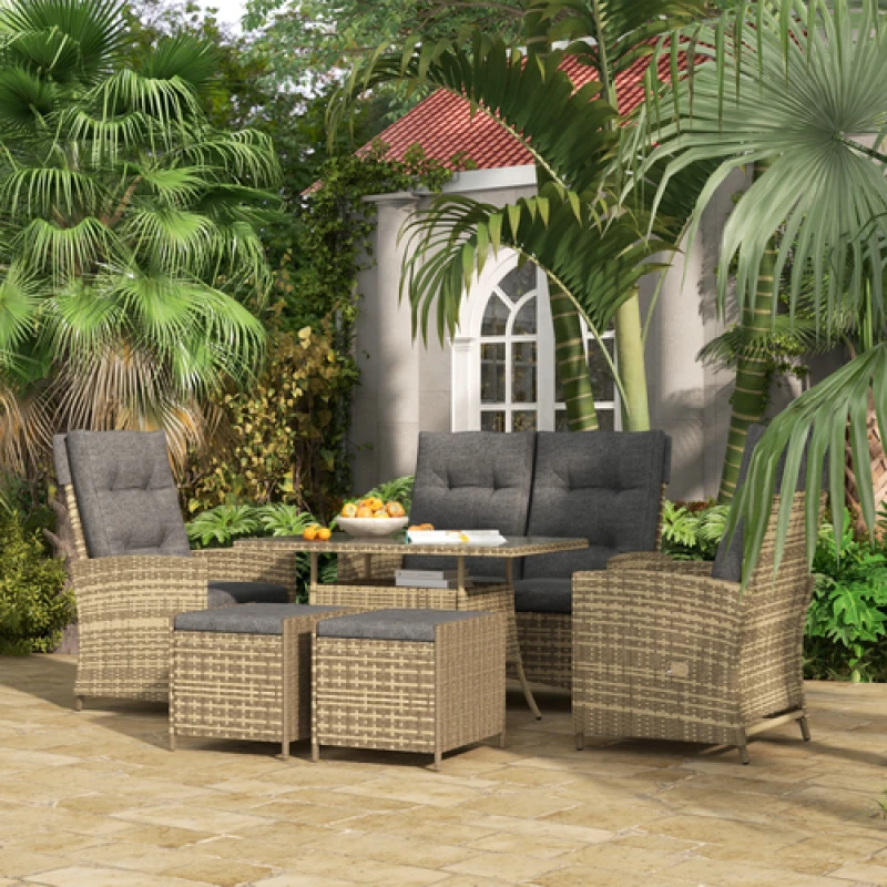 Image of Outsunny Outsunny Rattan Dining Set for 6, 2 Reclining Chairs with Cushions, Grey 5056725514235
