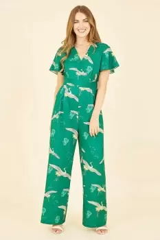 Image of Green Crane Print Angel Sleeve Jumpsuit