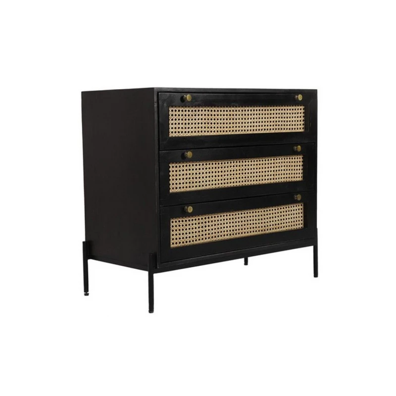 Image of Jaipur Furniture Ltd Rattan Chest of Drawer - Mango Wood/Iron - L45 x W90 x H78cm - Black Finish with Natural Rattan - Assembly Required Black Unisex