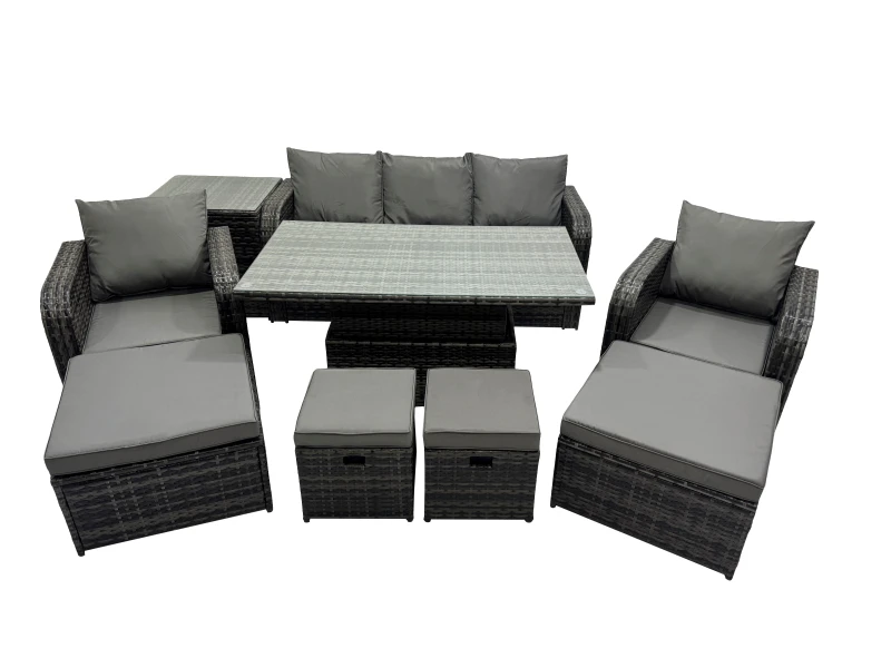 Image of Fimous Rattan Garden Furniture Dining Set with Side Table 2 Big Footstool in Dark Grey Dark Grey Unisex
