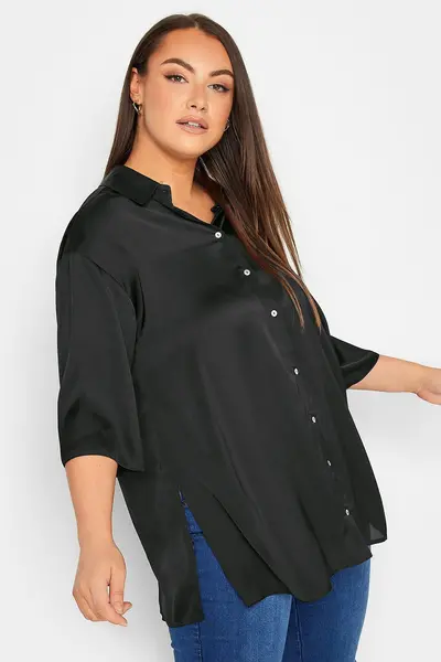 Image of Yours 3/4 Sleeve Satin Shirt Black