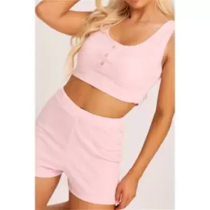 Image of I Saw It First Baby Pink Ribbed Button Up Vest And Shorts Lounge Set - Pink