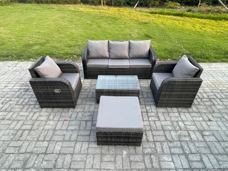 Image of Fimous Outdoor Rattan Garden Furniture Set Patio Lounge Sofa Set with Reclining Chair Rectangular Coffee Table Big Footstool Dark Grey