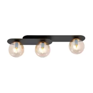 Image of Plaza Black Globe Ceiling Light with Amber Glass Shades, 3x E14