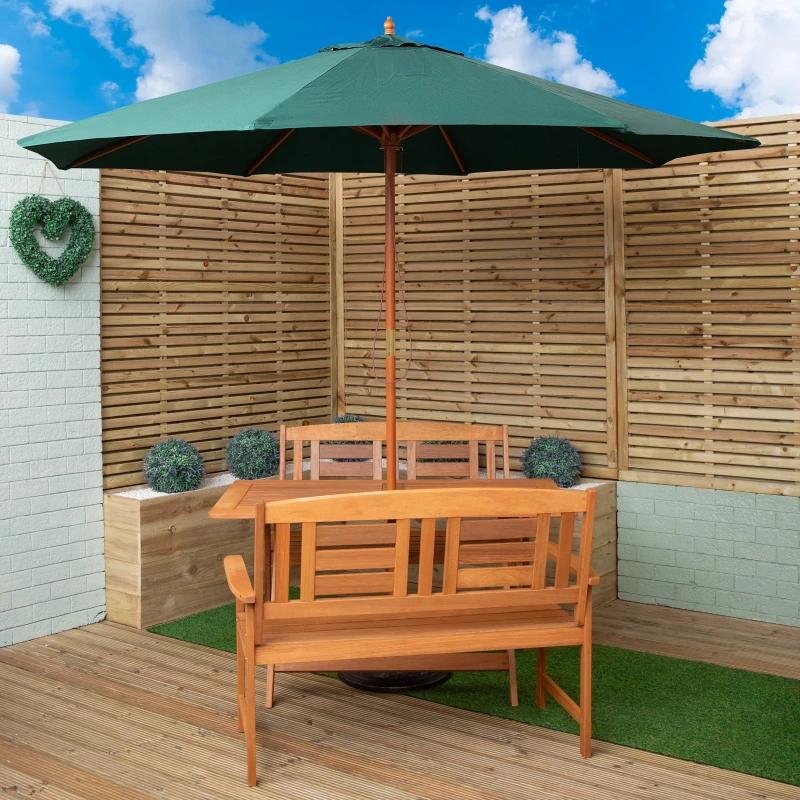 Image of Outdoor 4 Person Folding Rectangular Wooden Garden Patio Dining Table Benches Parasol and Base Set