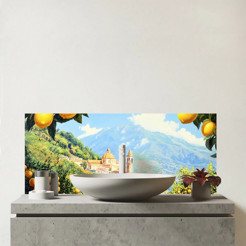 Image of Warren Reed - Designer Walking Through Lemons In Sorrento Glass Bathroom Splashback Multicolor Unisex