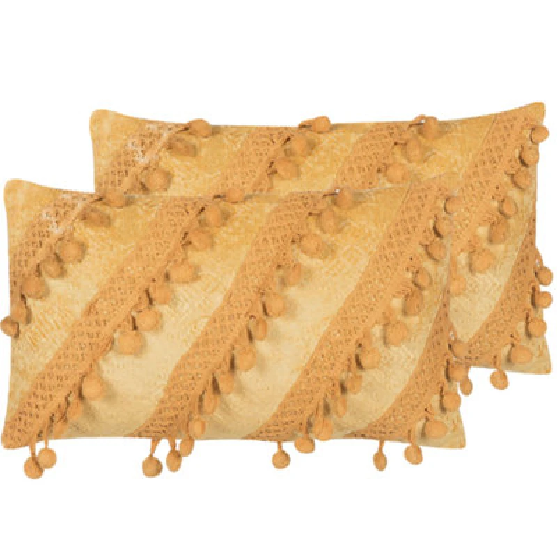 Image of BELIANI Beliani - Set of 2 Viscose Decorative Pillows Cushions Boho Tassels 27x50cm Yellow Ayroor 294376