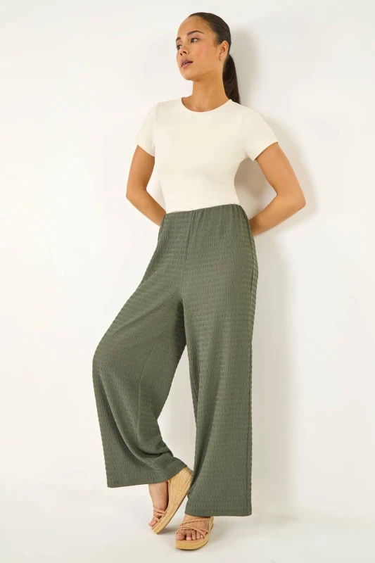 Image of Roman Womens Petite Textured Stretch Trouser in Khaki Size: 14 Khaki Female 14