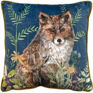 Image of Wylder - Nature Willow Fox Print Velvet Piped Edge Cushion Cover, Midnight, 43 x 43 Cm