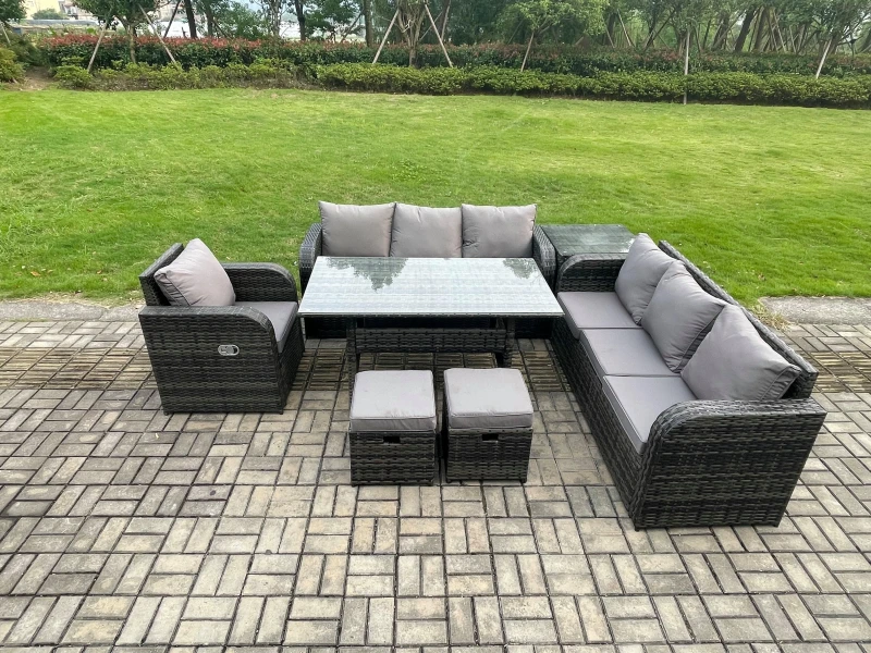 Image of Fimous 9 Seater Rattan Garden Furniture Set Oblong Rectangular Dining Table & Chairs Set with 3 Seater Sofa Side Table 2 Small Footstools in Dark Grey