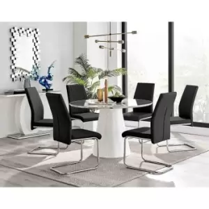 Image of Furniture Box Palma White Marble Effect Round Dining Table and 6 Black Lorenzo Chairs