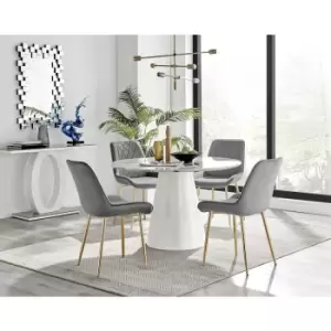 Image of Furniturebox Palma White Marble Effect 120cm Round Minimalist Dining Table & 4 Grey Pesaro Gold Leg Velvet Chairs
