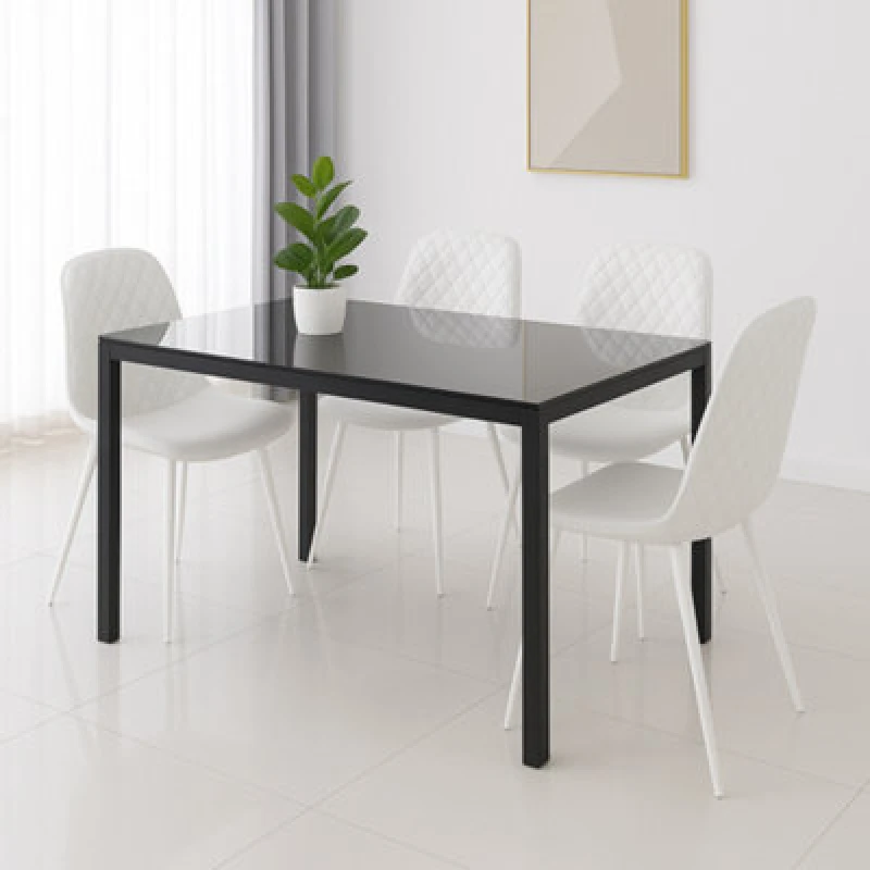 Image of Kosy Koala Black Glass Dining Table Set With 4 White Faux Leather Gem Pattern Chairs Dining Kitchen Furniture