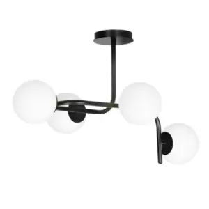 Image of Kalf Black V1 Globe Ceiling Light with White Glass Shades, 4x E14