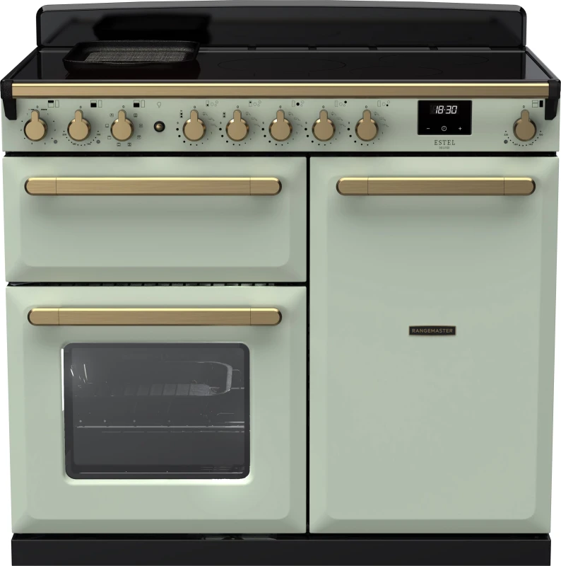 Image of Rangemaster Estel Deluxe ESDL100EIPMNT/AB1 100cm Electric Range Cooker with Induction Hob - Misty Blue / Antique Brass - A/A Rated