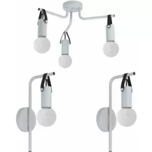 Image of Low Ceiling Light & 2x Matching Wall Lights Grey & Leather Multi Lamp Trendy