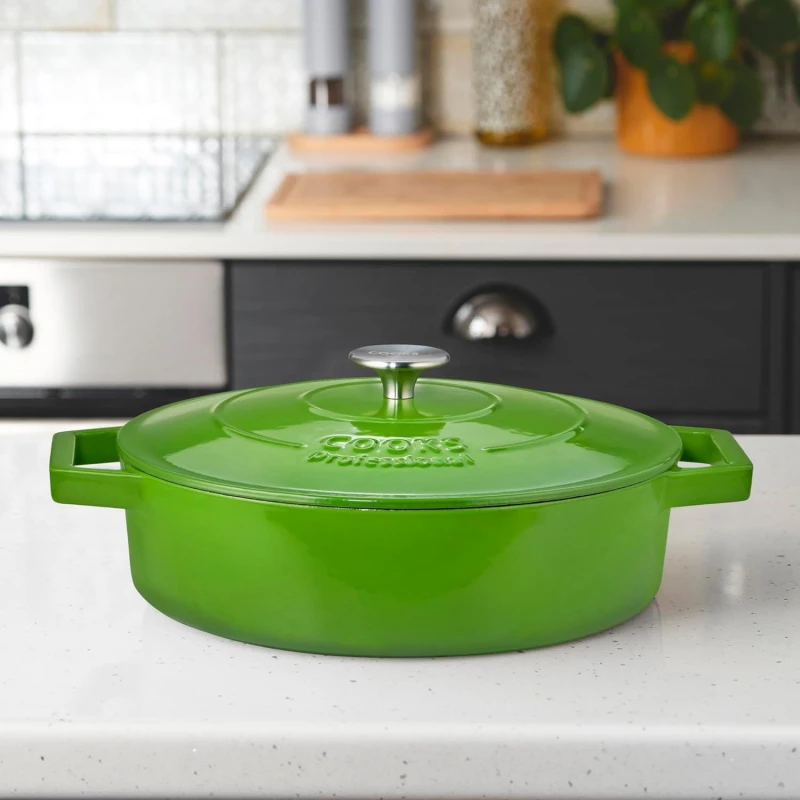 Image of Cooks Professional Cast Iron Casserole Dish 28cm Oven Proof Enamelled Pan with Lid in Green Green Unisex