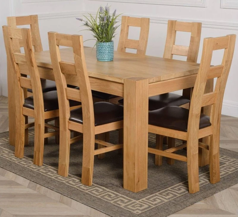 Image of Thats Furniture Kuba 150 x 85cm Chunky Medium Oak Dining Table & 6 Yale Chairs in Brown Brown Unisex 150 x 85 cm