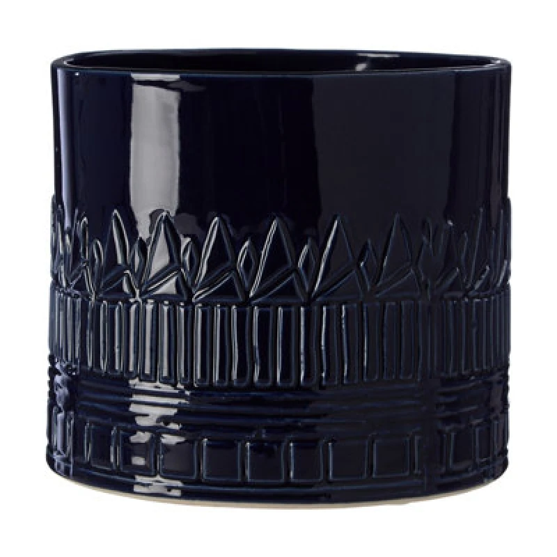 Image of Orsina Small Blue Ceramic Planter With Embossed Pattern And Tribal Design, Modern Indoor Planter For Living Room