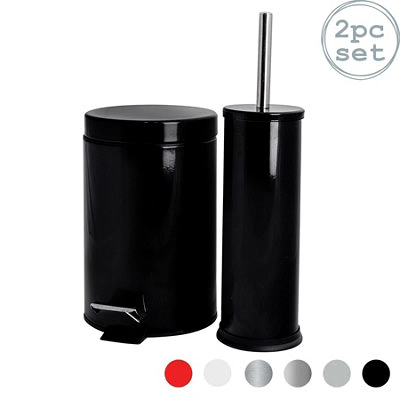 Image of Harbour Housewares Bathroom Bin & Toilet Brush Set - 3L - Black - Round Stainless Steel Slim Trashcan Rubbish Bin & Brush