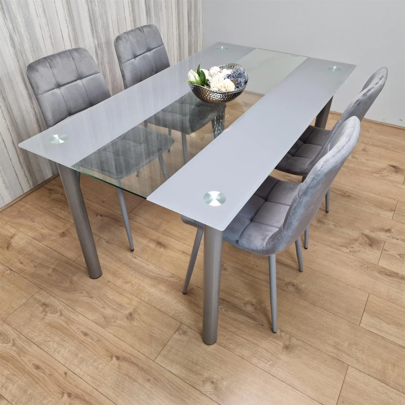 Image of KOSY KOALA KOSY KOALA Dining Table Clear Glass and 4 Velvet Grey Chairs Dining Room Furniture Size: 140cm x 80cm Clear 140cm x 80cm Unisex 506105534