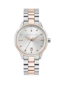 Image of Amanda Walker Amelia Silver Sunray And Rose Gold Date Dial Two Tone Stainless Steel Bracelet Ladies Watch