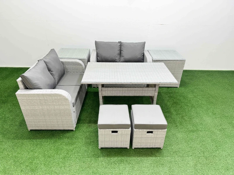 Image of Fimous 6 Seater Outdoor Love Sofa Set Rattan Garden Furniture Set with Rectangular Dining Table 2 Small Stools 2 Side Tables Light Grey Light Grey