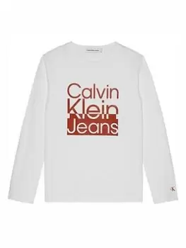Image of Calvin Klein Jeans Boys Box Logo Long Sleeve T-Shirt - White, Size 8 Years