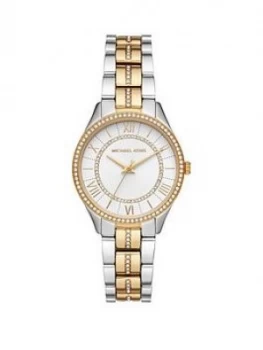 Image of Michael Kors Mk4454 Lauryn Silver And Gold Detail Dial Two Tone Stainless Steel Bracelet Ladies Watch
