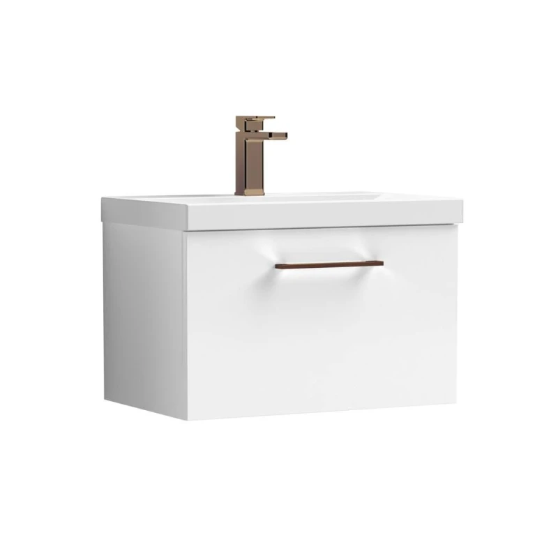 Image of Balterley 600mm Wall Hung 1 Drawer Vanity Basin Unit, Gloss White, Bronze Handle in White White Unisex