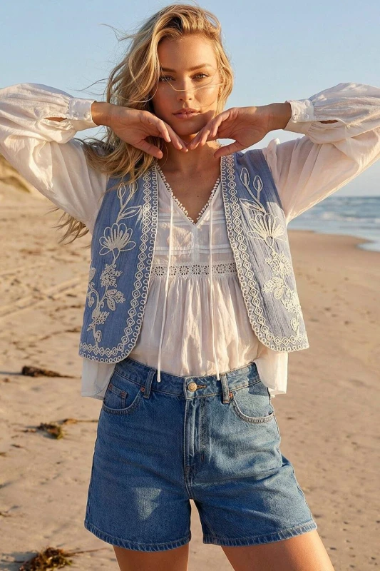 Image of Dusk Womens Floral Embroidered Waistcoat in Light Blue Size: 14 Light Blue Female 14