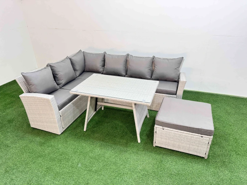 Image of Fimous Garden Outdoor Rattan Furniture Set with Big Footstool 7 Seater in Light Grey Light Grey Unisex