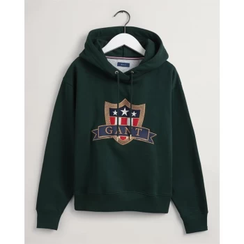 Image of Gant Banner Shield Hoodie Womens - TARTAN GRN 374