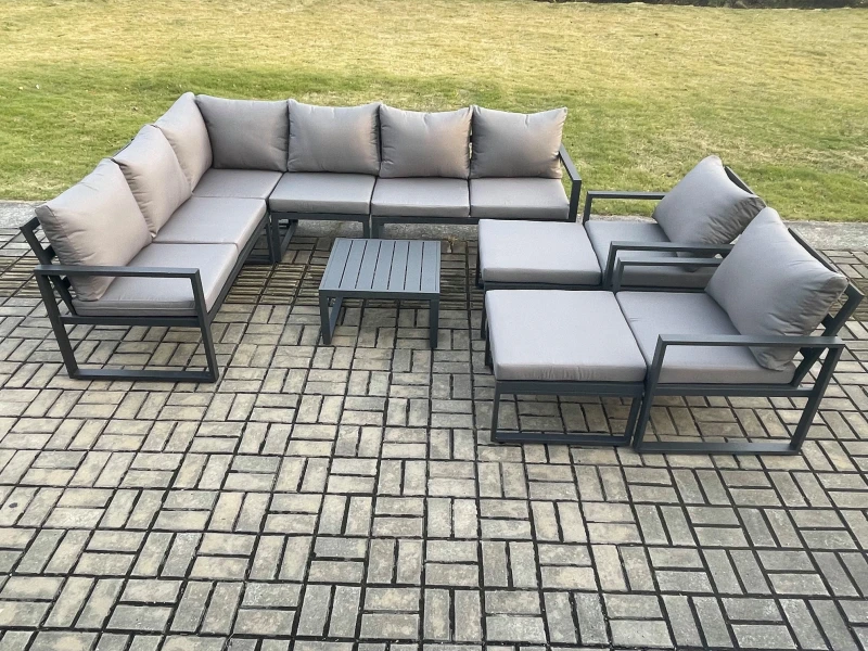 Image of Fimous 10 Seater Outdoor Lounge Corner Sofa Set Aluminum Garden Furniture Sets with Square Coffee Table 2 Chairs 2 Big Footstool Dark Grey Dark Grey U