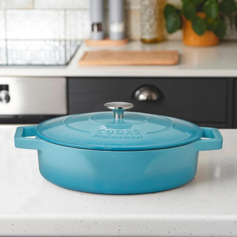 Image of Cooks Professional Cast Iron Casserole Dish 28cm Oven Proof Enamelled Pan with Lid in Blue Blue Unisex
