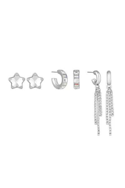 Image of Silver Crystal And Aurora Borealis Star Droplet Chain Earrings - Pack of 3